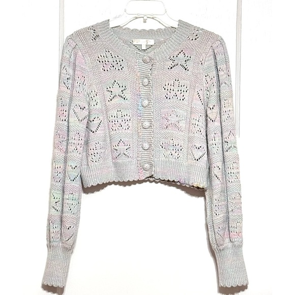 LOVESHACKFANCY Pastel Rainbow Star & Heart Pointelle Cropped Cardigan Sweater L - Picture 6 of 13